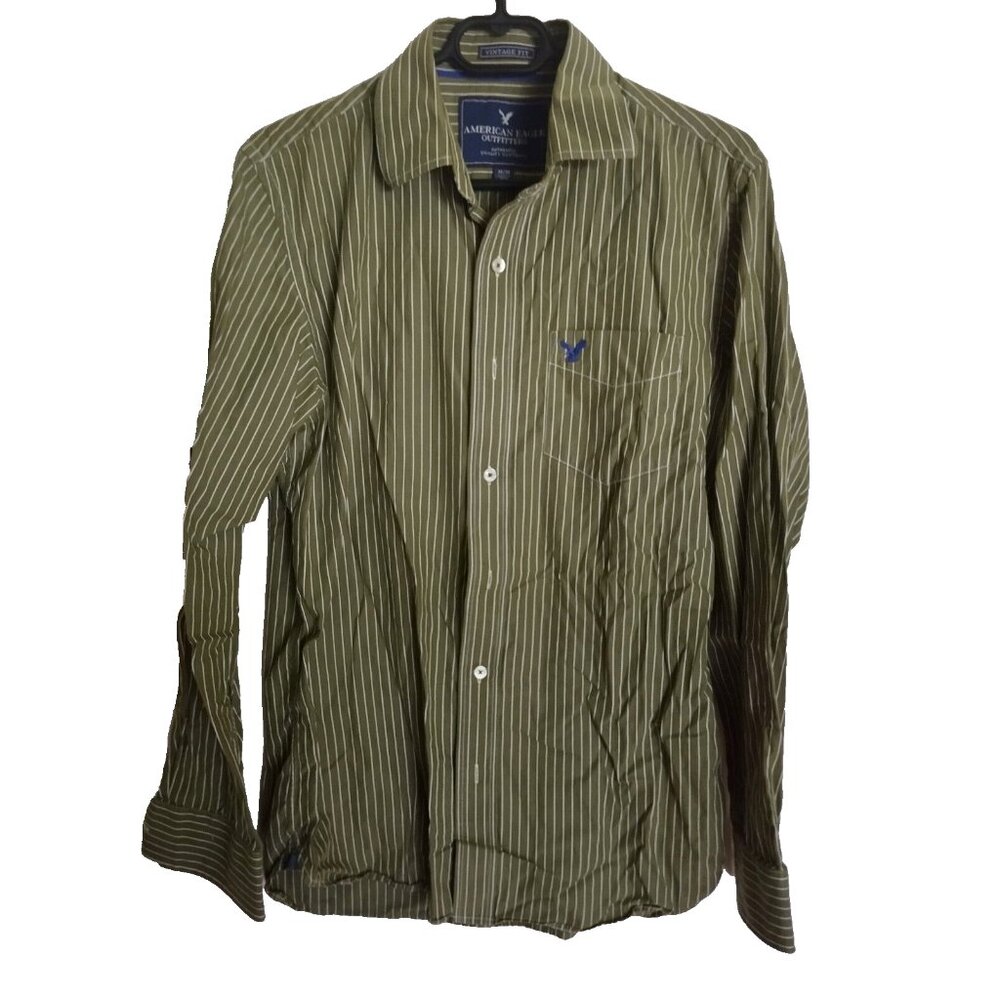 American Eagle Men Cotton Vintage Fit Button Down Green Striped Shirt M